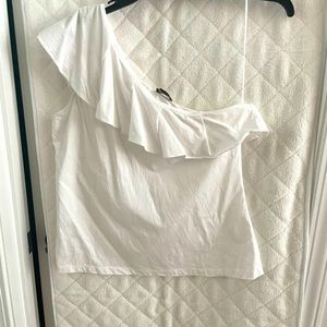 One shoulder ruffle white top.